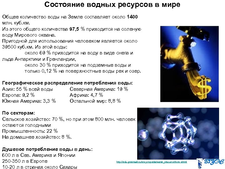 Состояние водных ресурсов в мире Общее количество воды на Земле составляет около 1400 млн.
