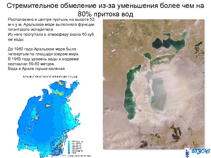 Стремительное обмеление из-за уменьшения более чем на 80% притока вод Расположено в центре пустынь