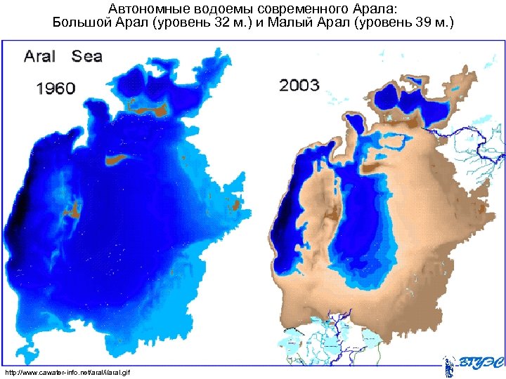 Автономные водоемы современного Арала: Большой Арал (уровень 32 м. ) и Малый Арал (уровень