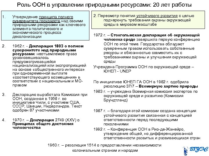 Роль ООН в управлении природными ресурсами: 20 лет работы 1. 2. 3. 4. Утверждение
