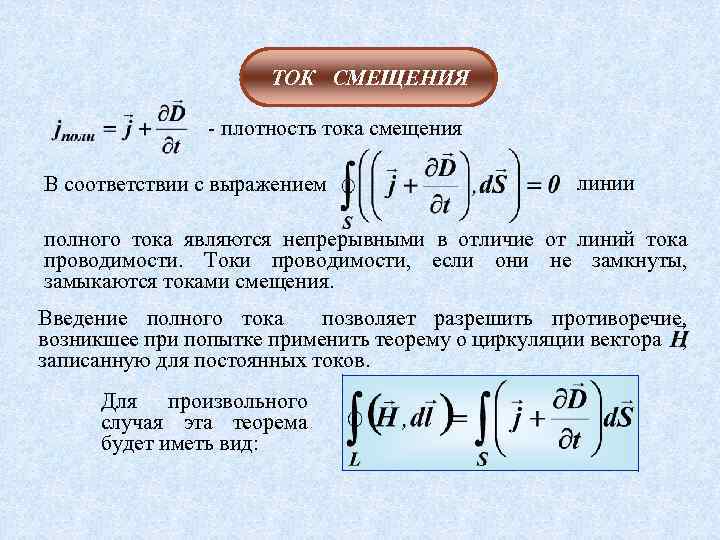 ТОК СМЕЩЕНИЯ - плотность тока смещения В соответствии с выражением линии полного тока являются