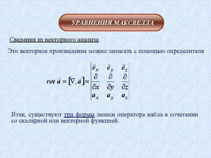 УРАВНЕНИЯ МАКСВЕЛЛА Сведения из векторного анализа Это векторное произведение можно записать с помощью определителя