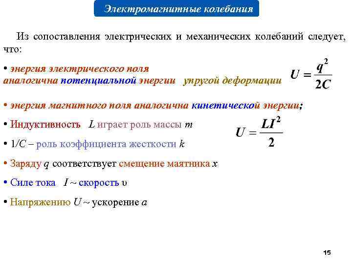 Электромагнитные колебания Из сопоставления электрических и механических колебаний следует, что: • энергия электрического поля