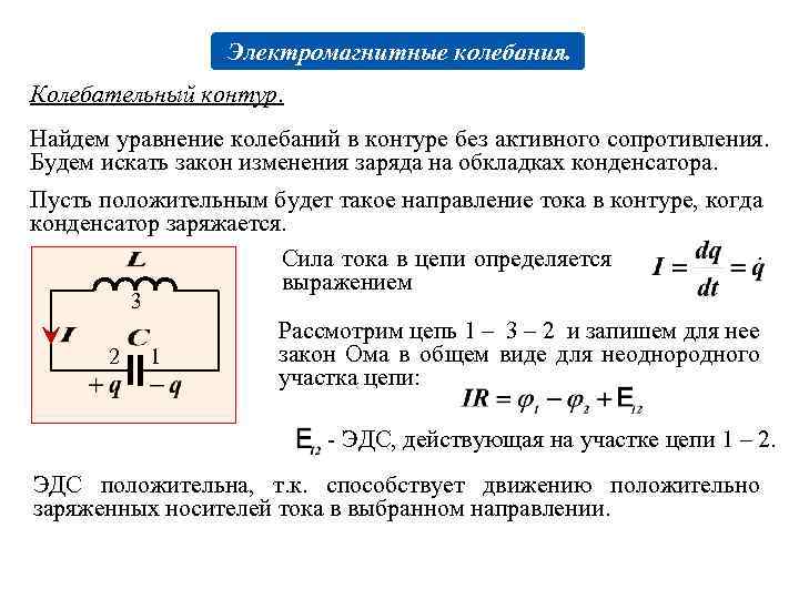 Свободные электромагнитные колебания в идеальном контуре. Уравнение электромагнитных колебаний в контуре. Колебания силы тока и напряжения в колебательном контуре. Электромагнитные колебания в LC-контуре. Формула силы тока при электромагнитных колебаниях.