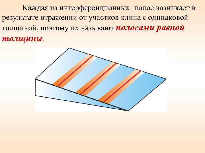 Каждая из интерференционных полос возникает в результате отражении от участков клина с одинаковой толщиной,