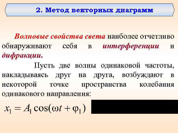 2. Метод векторных диаграмм Волновые свойства света наиболее отчетливо обнаруживают себя в интерференции и