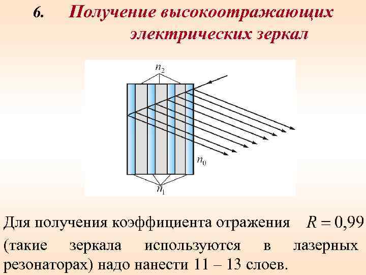 6. Получение высокоотражающих электрических зеркал Для получения коэффициента отражения (такие зеркала используются в лазерных