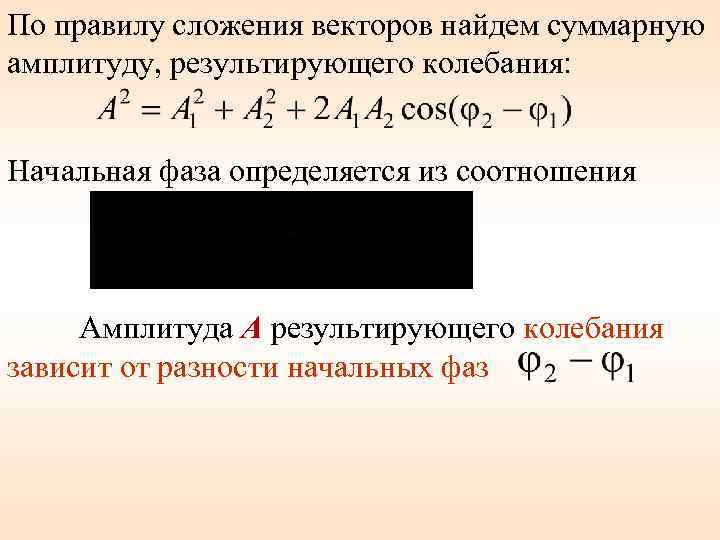 По правилу сложения векторов найдем суммарную амплитуду, результирующего колебания: Начальная фаза определяется из соотношения