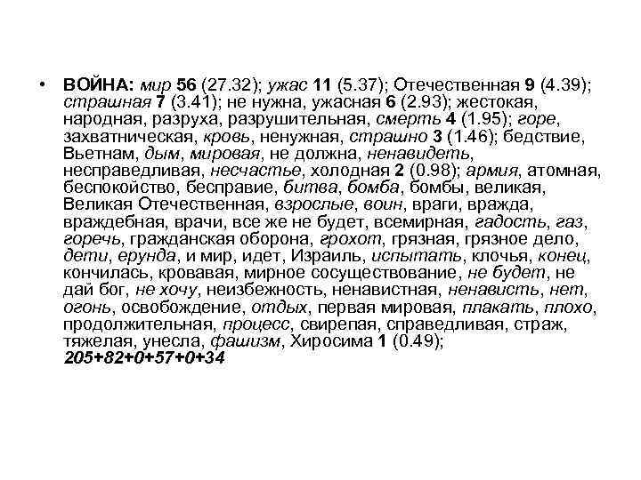  • ВОЙНА: мир 56 (27. 32); ужас 11 (5. 37); Отечественная 9 (4.