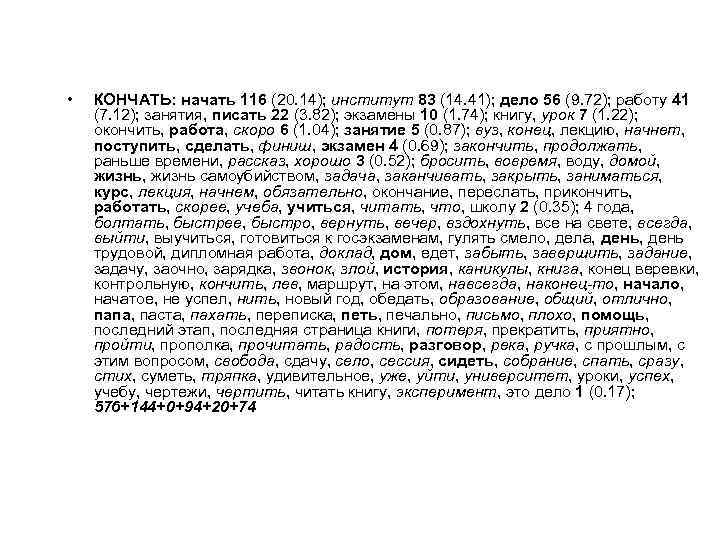  • КОНЧАТЬ: начать 116 (20. 14); институт 83 (14. 41); дело 56 (9.