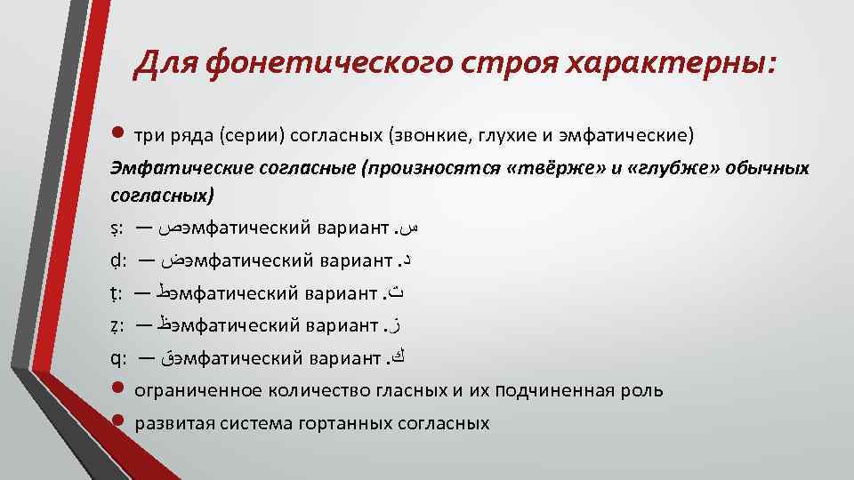 Для фонетического строя характерны: три ряда (серии) согласных (звонкие, глухие и эмфатические) Эмфатические согласные