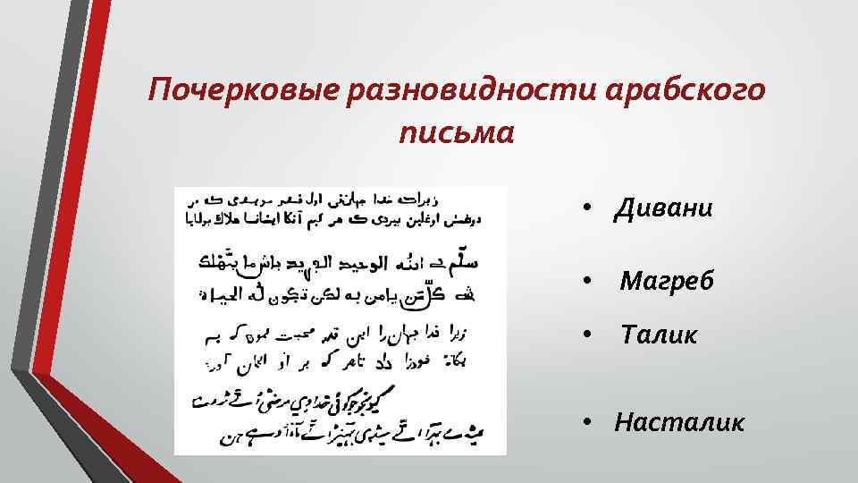 Почерковые разновидности арабского письма • Дивани • Магреб • Талик • Насталик 