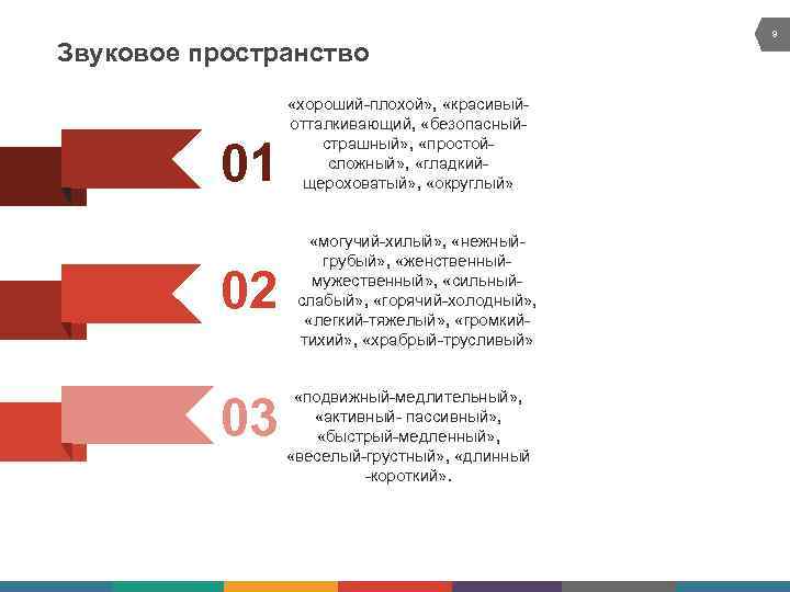 Звуковое пространство 01 02 03 «хороший-плохой» , «красивыйотталкивающий, «безопасныйстрашный» , «простойсложный» , «гладкийщероховатый» ,