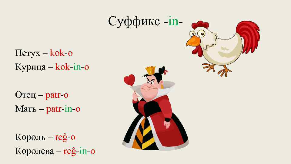 Суффикс -in. Петух – kok-o Курица – kok-in-o Отец – patr-o Мать – patr-in-o