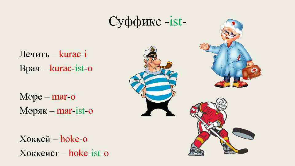 Суффикс -ist. Лечить – kurac-i Врач – kurac-ist-o Море – mar-o Моряк – mar-ist-o
