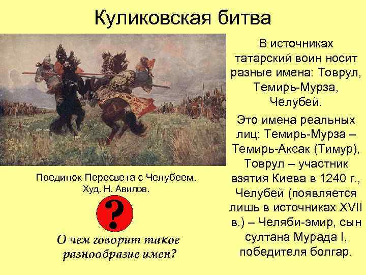 Куликовская битва Поединок Пересвета с Челубеем. Худ. Н. Авилов. ? О чем говорит такое