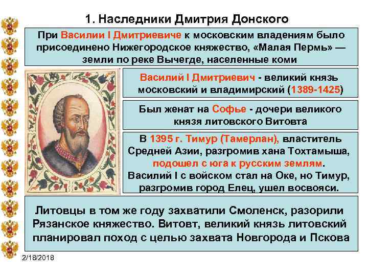 1. Наследники Дмитрия Донского При Василии I Дмитриевиче к московским владениям было присоединено Нижегородское