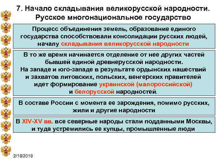 7. Начало складывания великорусской народности. Русское многонациональное государство Процесс объединения земель, образование единого государства