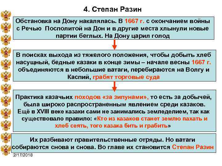 4. Степан Разин Обстановка на Дону накалялась. В 1667 г. с окончанием войны с