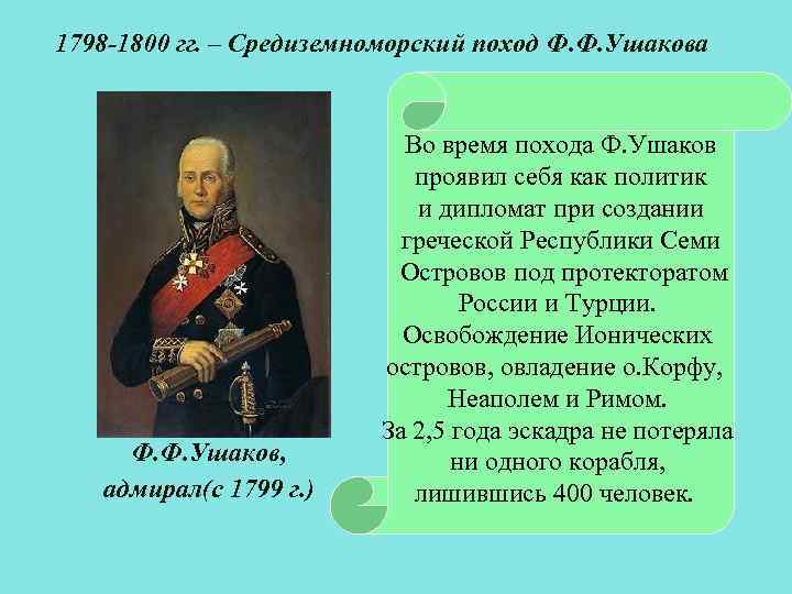 1798 -1800 гг. – Средиземноморский поход Ф. Ф. Ушакова Ф. Ф. Ушаков, адмирал(с 1799