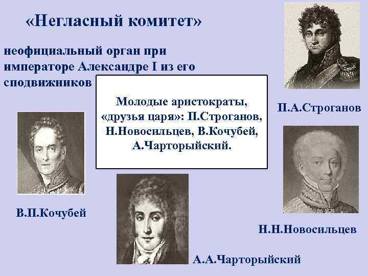  «Негласный комитет» неофициальный орган при императоре Александре I из его сподвижников Молодые аристократы,