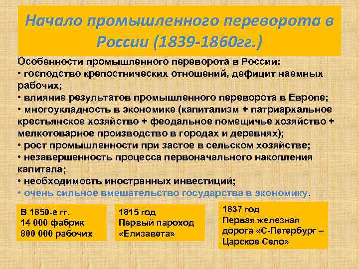 Начало промышленного переворота в России (1839 -1860 гг. ) (1839 -1860 гг. Особенности промышленного