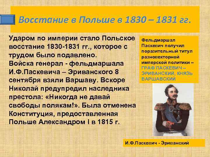 Восстание в Польше в 1830 – 1831 гг. гг Ударом по империи стало Польское