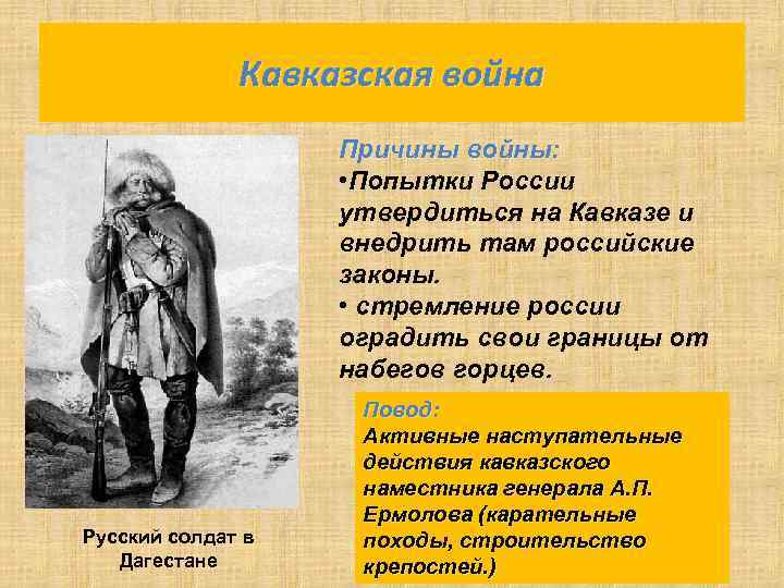 Кавказская война Причины войны: • Попытки России утвердиться на Кавказе и внедрить там российские