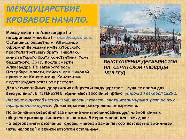 МЕЖДУЦАРСТВИЕ. КРОВАВОЕ НАЧАЛО. Между смертью Александра I и воцарением Николая I – междуцарствие. Оставшись