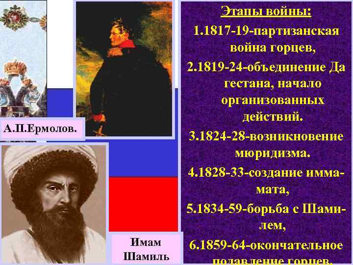 А. П. Ермолов. Имам Шамиль Этапы войны: 1. 1817 -19 -партизанская война горцев, 2.