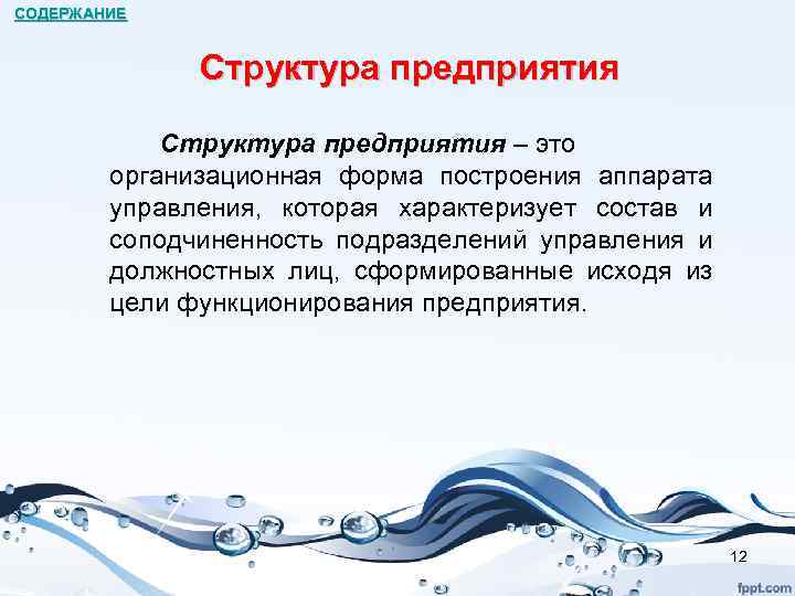 СОДЕРЖАНИЕ Структура предприятия – это организационная форма построения аппарата управления, которая характеризует состав и