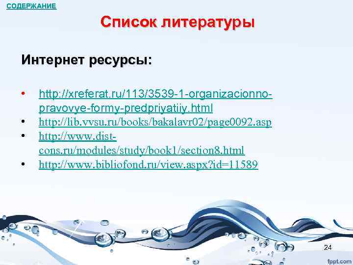 СОДЕРЖАНИЕ Список литературы Интернет ресурсы: • • http: //xreferat. ru/113/3539 -1 -organizacionnopravovye-formy-predpriyatiiy. html http:
