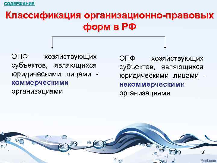 СОДЕРЖАНИЕ Классификация организационно-правовых форм в РФ ОПФ хозяйствующих субъектов, являющихся юридическими лицами коммерческими организациями
