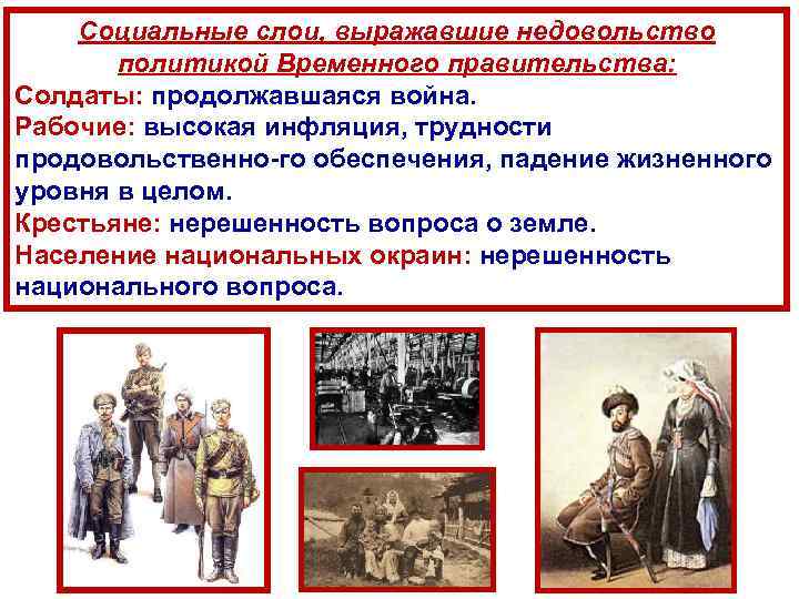 Социальные слои, выражавшие недовольство политикой Временного правительства: Солдаты: продолжавшаяся война. Рабочие: высокая инфляция, трудности