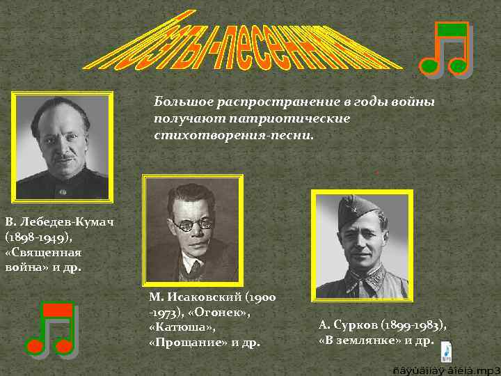 Большое распространение в годы войны получают патриотические стихотворения-песни. . В. Лебедев-Кумач (1898 -1949), «Священная