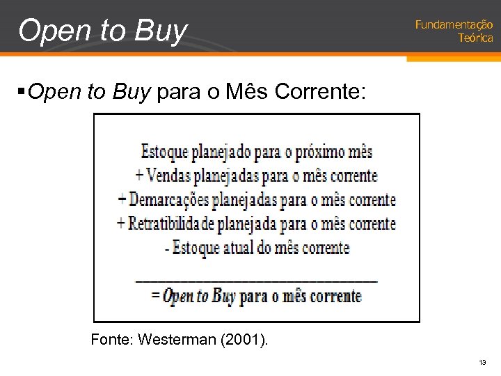 Open to Buy Fundamentação Teórica §Open to Buy para o Mês Corrente: Fonte: Westerman