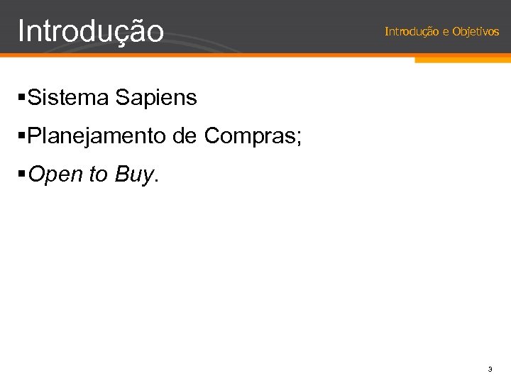 Introdução e Objetivos §Sistema Sapiens §Planejamento de Compras; §Open to Buy. 3 