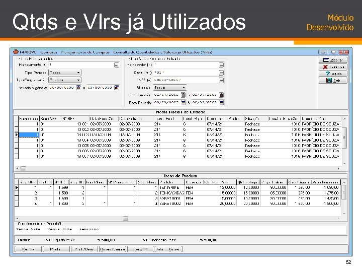 Qtds e Vlrs já Utilizados Módulo Desenvolvido 52 