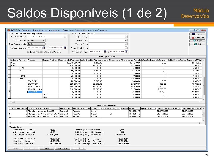 Saldos Disponíveis (1 de 2) Módulo Desenvolvido 53 