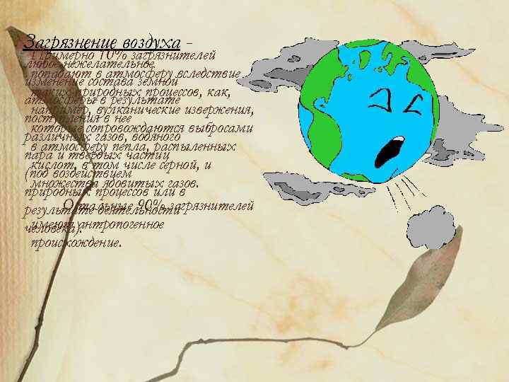 Загрязнение воздуха - Примерно 10% загрязнителей любое нежелательное попадают в атмосферу изменение состава земнойвследствие