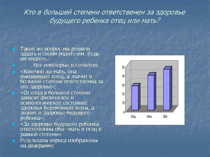 Кто в большей степени ответственен за здоровье будущего ребенка отец или мать? n n