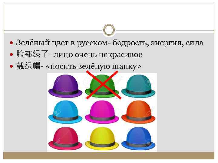  Зелёный цвет в русском- бодрость, энергия, сила 脸都绿了- лицо очень некрасивое 戴绿帽- «носить