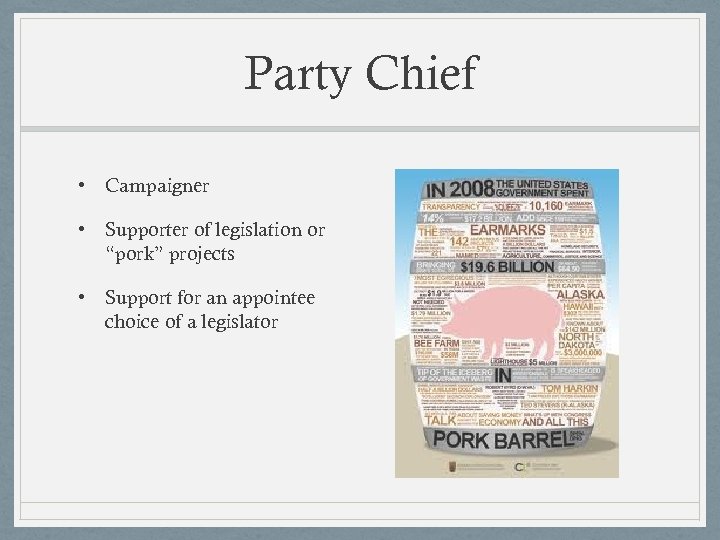 Party Chief • Campaigner • Supporter of legislation or “pork” projects • Support for