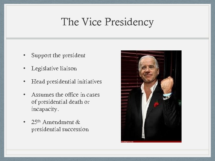 The Vice Presidency • Support the president • Legislative liaison • Head presidential initiatives