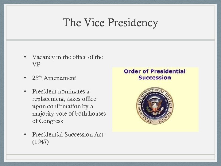 The Vice Presidency • Vacancy in the office of the VP • 25 th