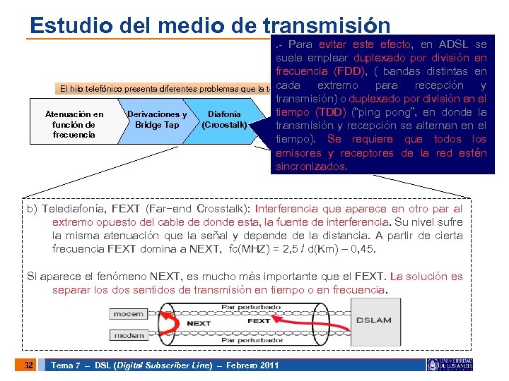Estudio del medio de transmisión . - Para evitar este efecto, en ADSL se