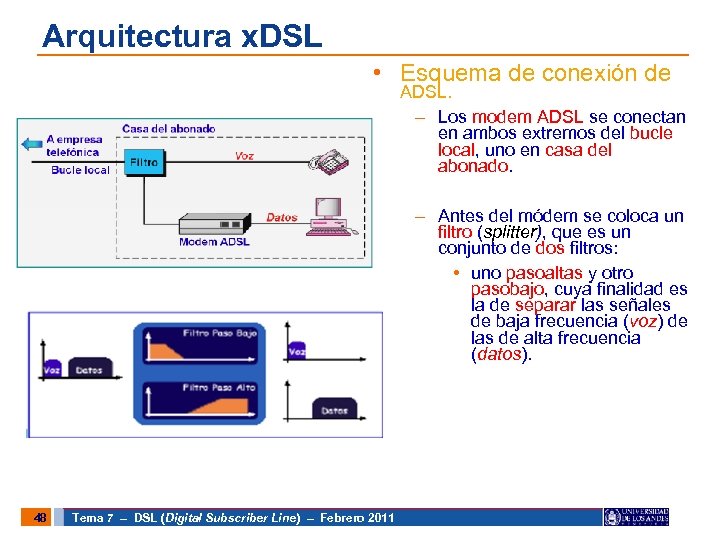Arquitectura x. DSL • Esquema de conexión de ADSL. – Los modem ADSL se
