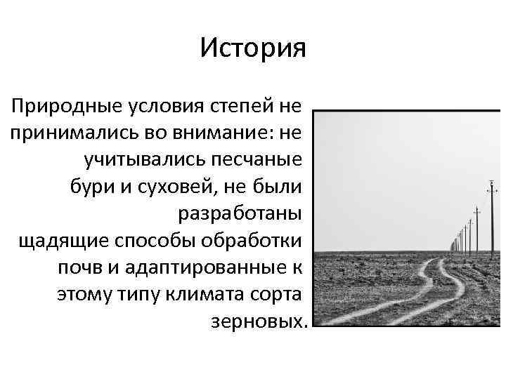 История Природные условия степей не принимались во внимание: не учитывались песчаные бури и суховей,