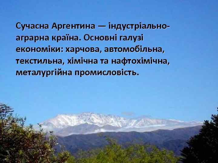 Сучасна Аргентина — індустріальноаграрна країна. Основні галузі економіки: харчова, автомобільна, текстильна, хімічна та нафтохімічна,