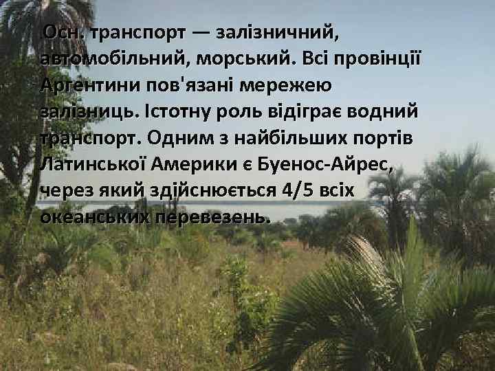 Осн. транспорт — залізничний, автомобільний, морський. Всі провінції Аргентини пов'язані мережею залізниць. Істотну роль